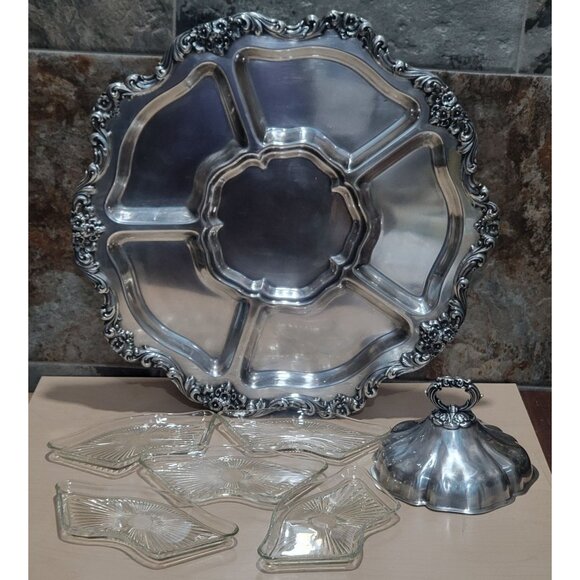 Vintage Silver Plated Lazy Susan Serving Platter 19" Turn Table Vegetable Dip C - Picture 5 of 13